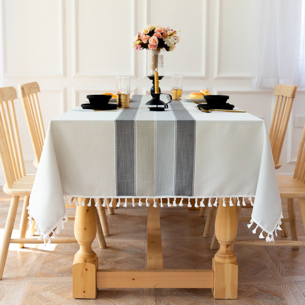 Modern Minimalist Striped Stitching Tassel Cotton Linen Dust-proof Rectangular Tablecloth For Home Decor