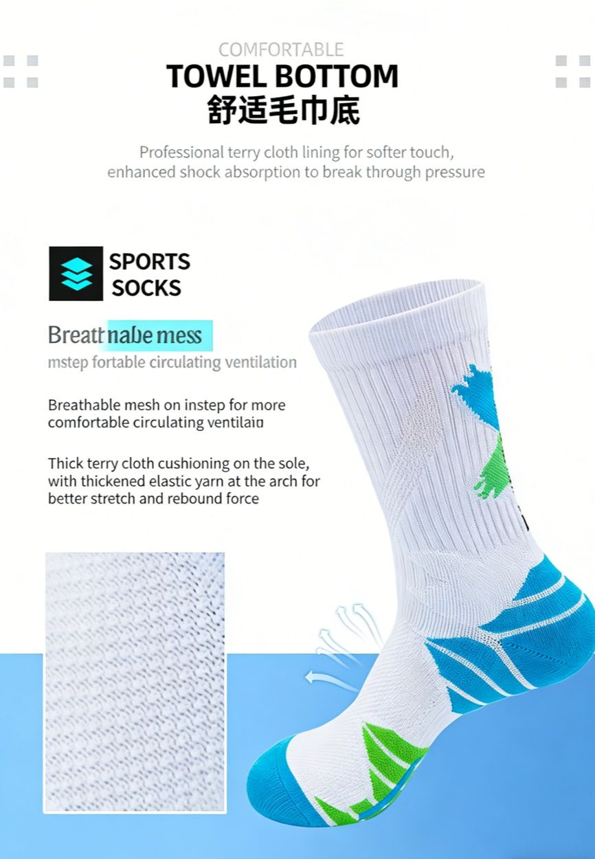 Men's High-Calf Marathon Running Socks, Professional Basketball Socks with Thickened Terry Sole, Cushioned Shock Absorption Athletic Socks for Running, Basketball, Training
