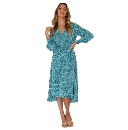 Lady Dress Front O Neck Long Sleeve Print Ruffled Dress- Casual Fall Dresses For Women
