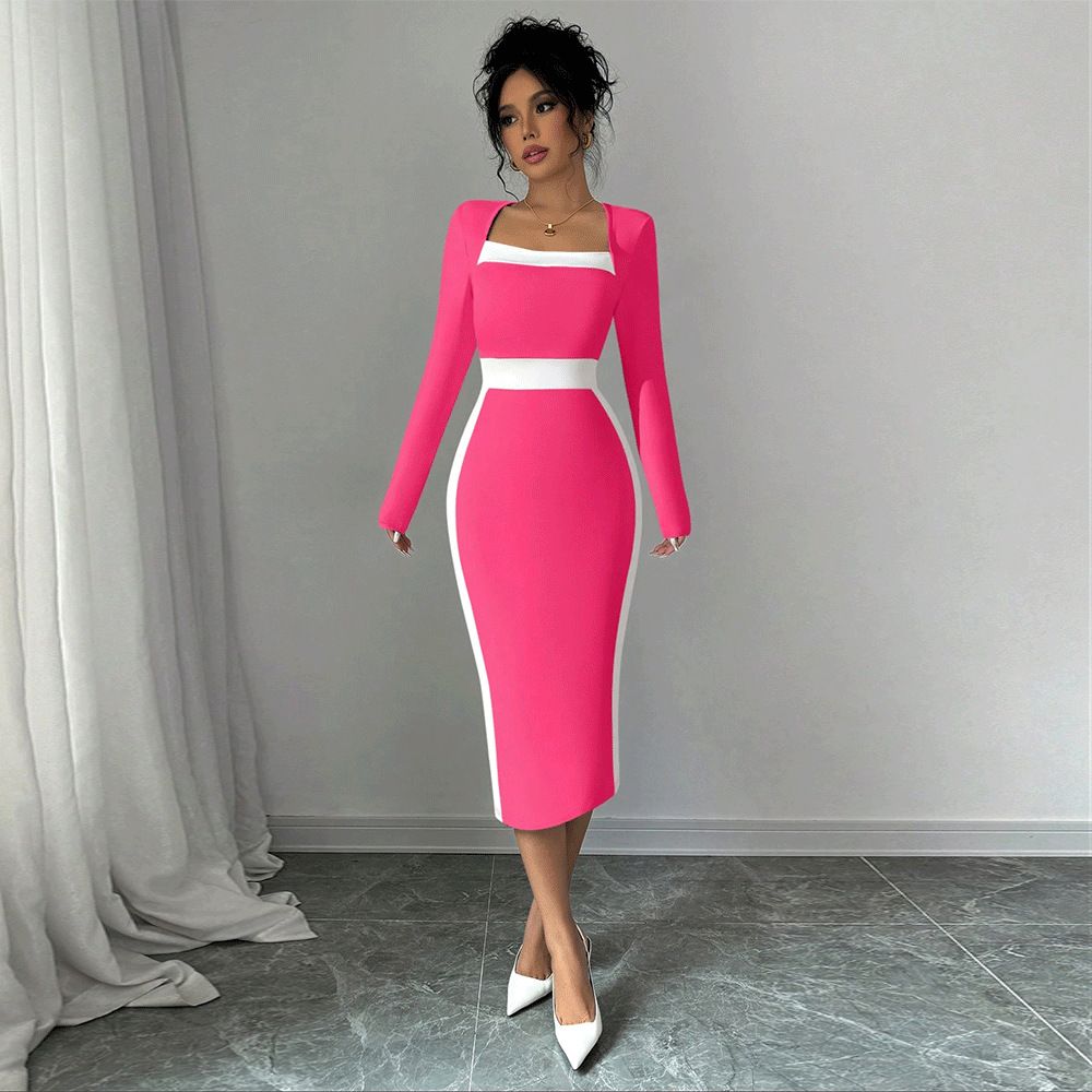 Women's patchwork contrasting mid length skirt sexy hip hugging long sleeved dress
