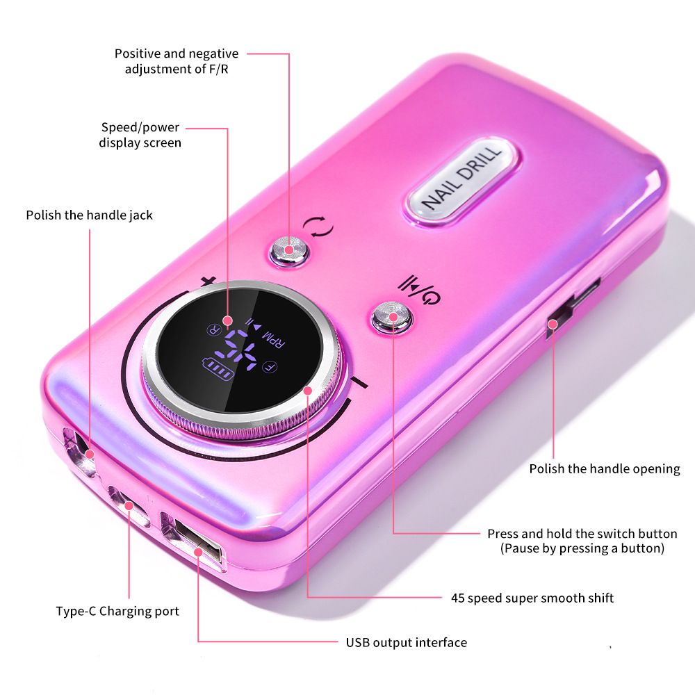 DMJ-V1 45000RPM Professional Rechargeable Electric Nail Drill Machine Portable Cordless Nail File For Acrylic Gel Nails Remove