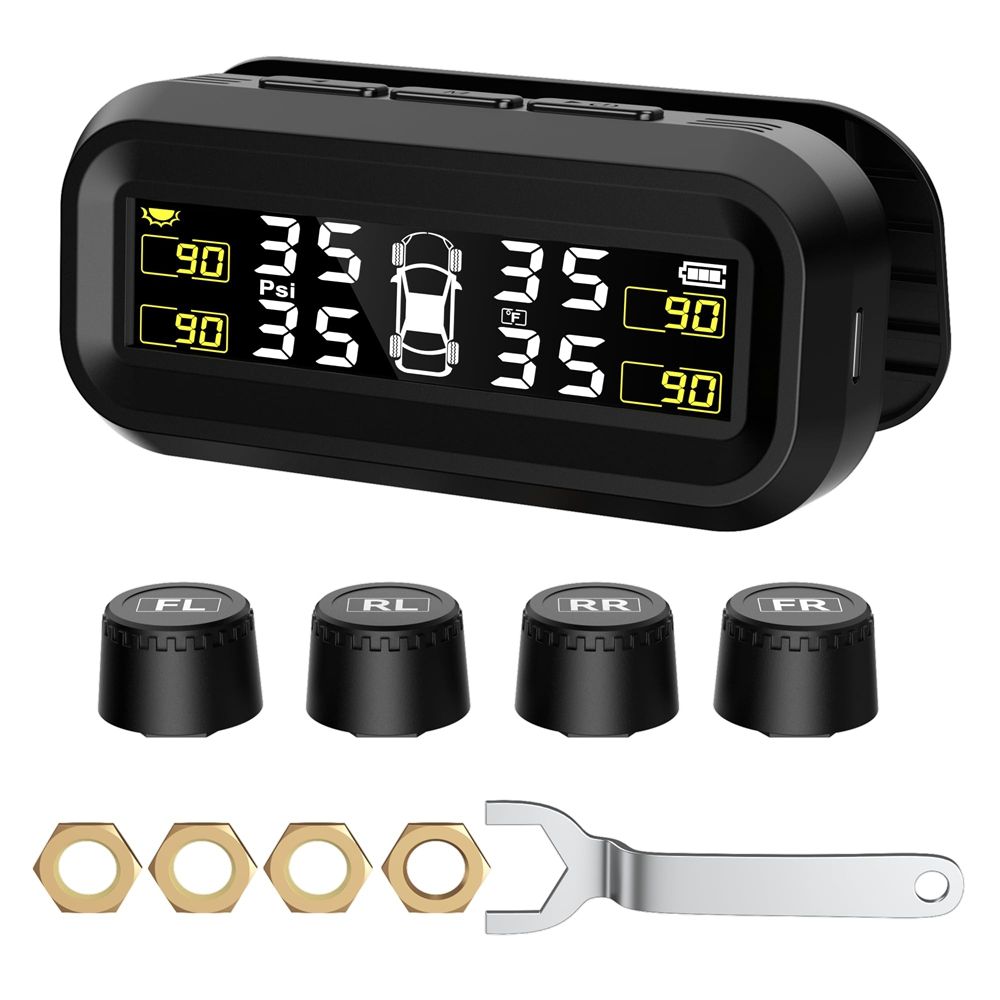 Solar TPMS Tire Pressure Monitoring System - Professional Edition (0-87 PSI), 4 Sensors, Solar and USB Charging, LCD Display, 6 Alarm Modes, Suitable for Car, RV, SUV, MPV, and Sedans