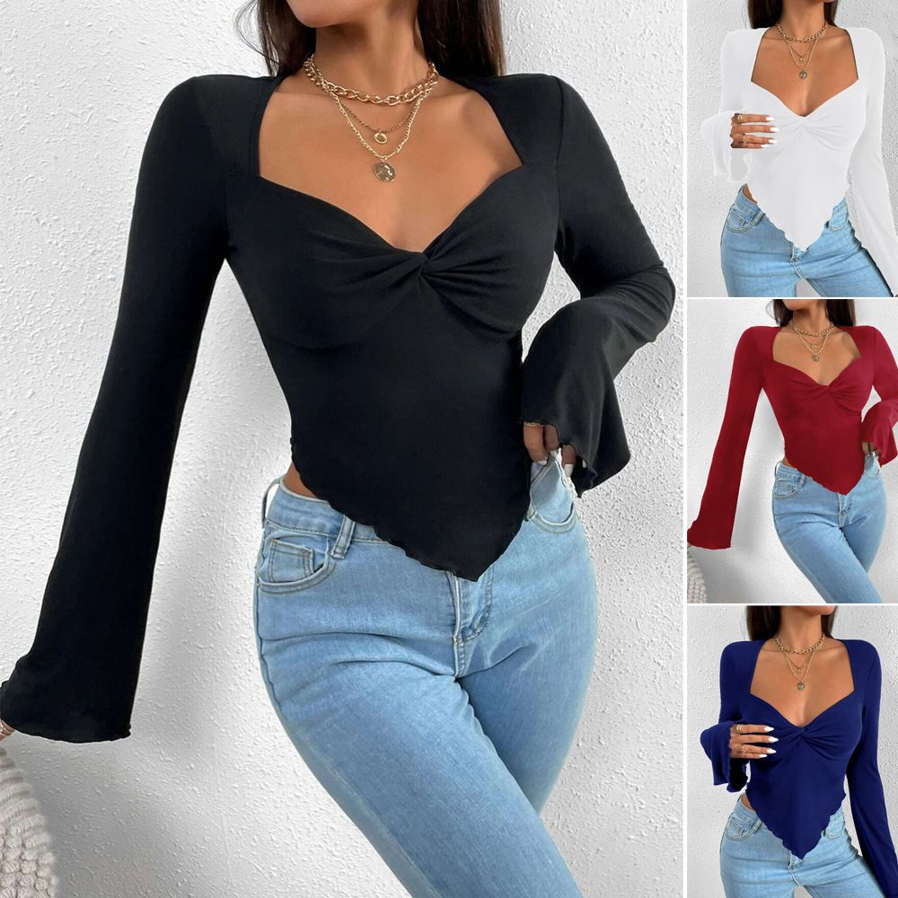 WCCF1710 Women's New V-Neck Waist Long-Sleeved Top, Irregular Long-Sleeved Top
