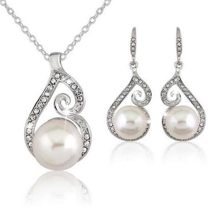 00126-2 Fashion Fine Jewelry Sets Silver Plated Pearl Rhinestone Jewelry Wedding Sets For Women