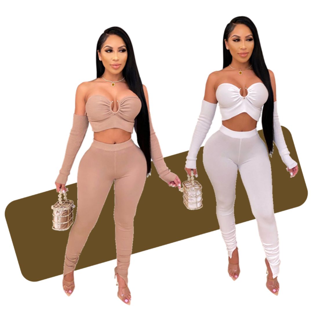 New fashion women's sexy solid color tube top slim pencil pants with sleeves set trousers four-piece 4-piece party beach walking tour shopping suit lady ladies woman women shirt T-shirt blouse trousers set pants