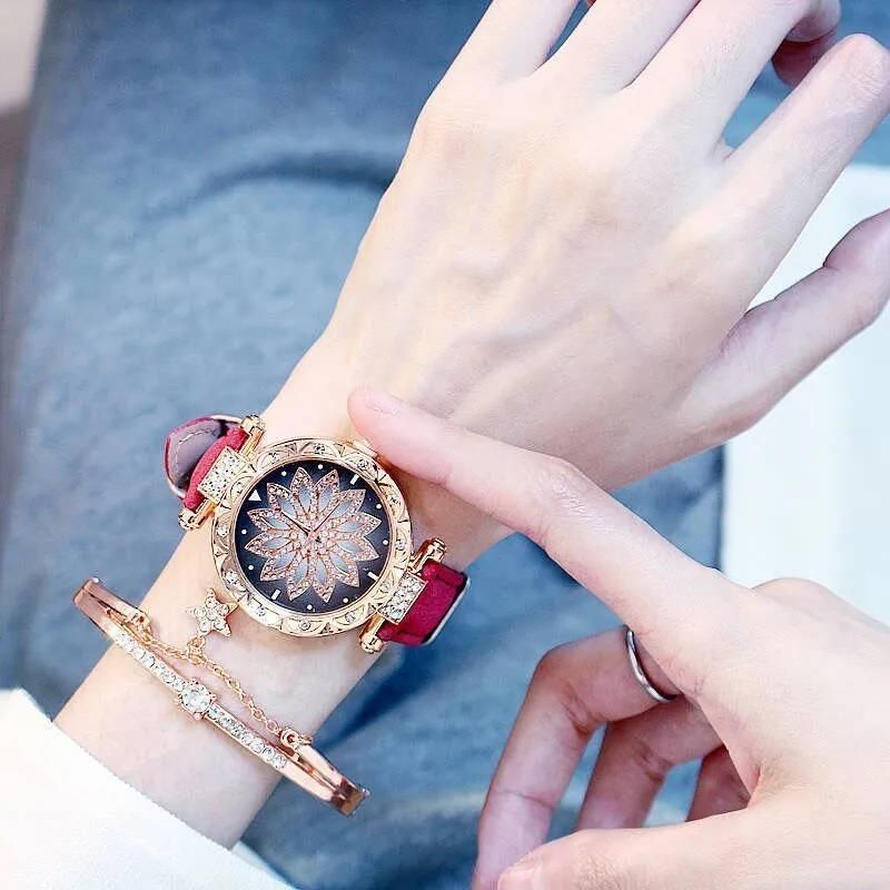 Luxury Diamond Women's Watch Crystal Watch Bracelet Set Women's Jewelry Casual Starry Sky Rose Gold Watch