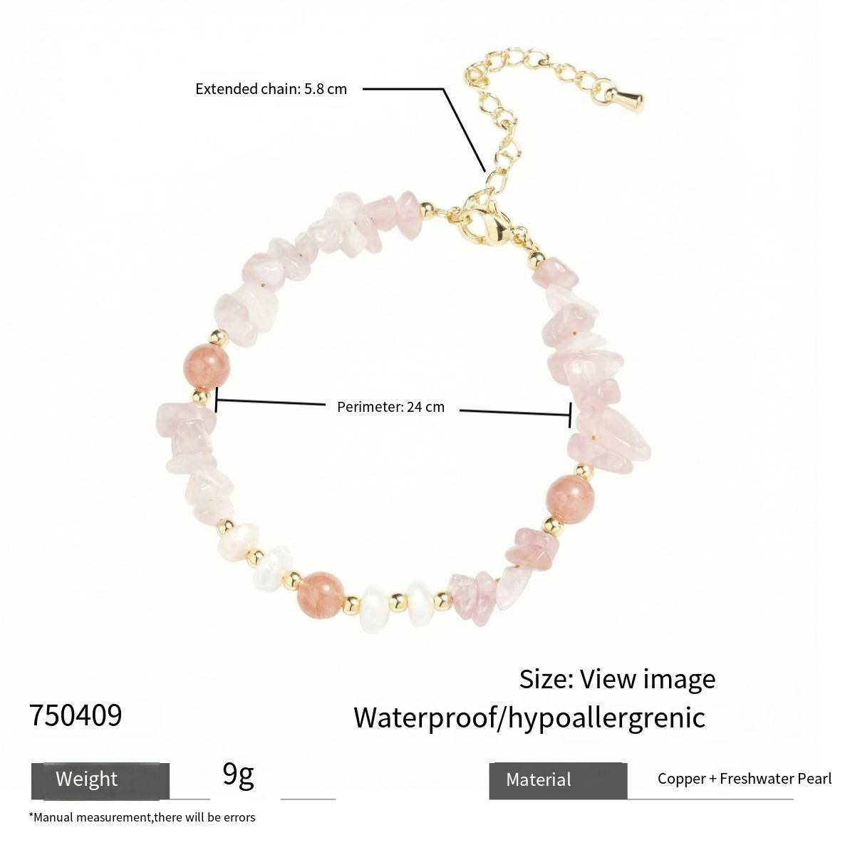 Natural Rose Quartz Crushed Stone Bracelet With Freshwater Pearls, Hypoallergenic Copper Gold Plated Accessory, 24cm Main Circumference With 5.8cm Adjustable Extension Chain, Waterproof Lightweight 9g Wrist Jewelry, Elegant Casual Daily Wear Ornament For Women, Delicate Fashion Beaded Hand Bangle With Soft Pastel Aesthetic