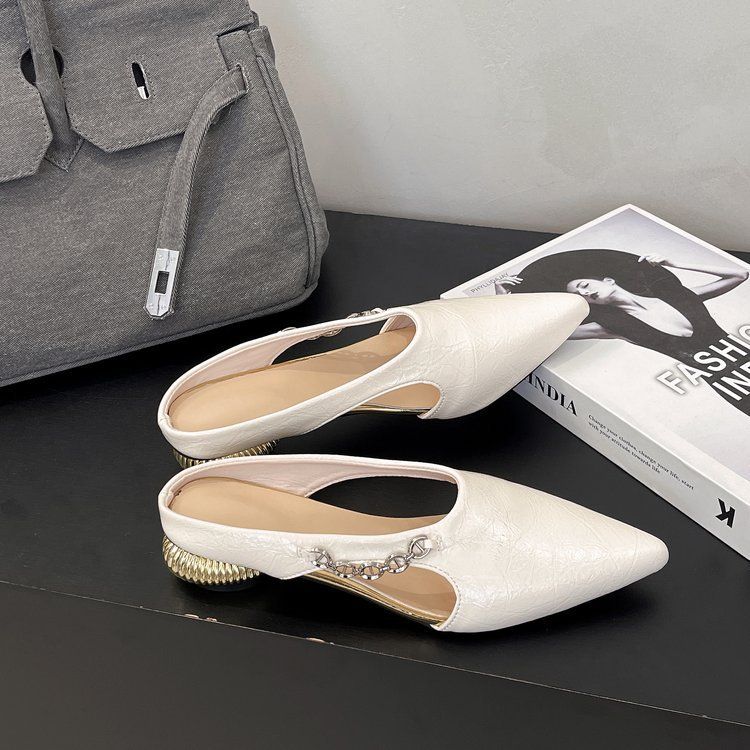 High-heeled women 2025 summer new pointy half bag thick heel sandals female bag head low heel shallow mouth all build slippers