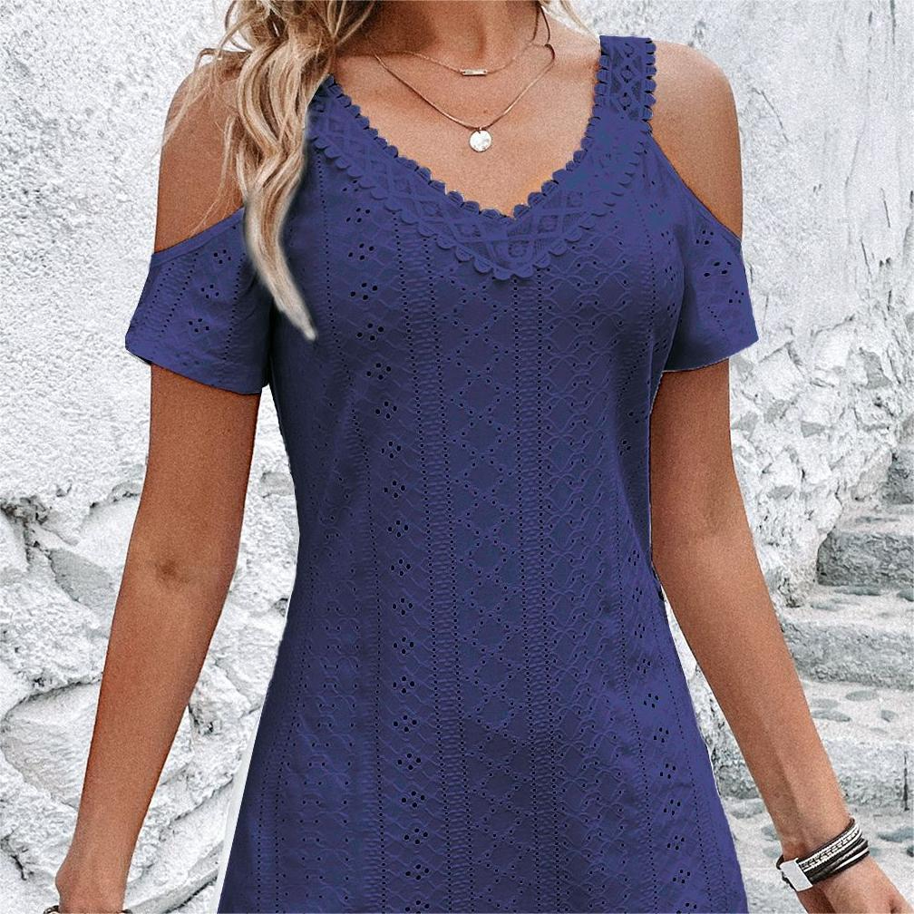 QX23013 Women's Summer New Off Shoulder Short Sleeve Dress Elegant V-Neck A-Line Dress