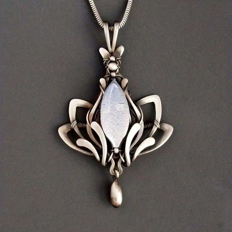 Necklace Water droplet shaped hollow lotus pendant necklace, charming moonstone jewelry chain