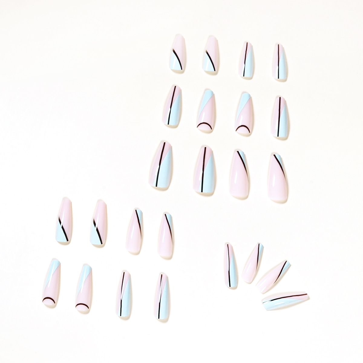 JP1117 Coffin Press on Nails Long Line Fake Nails Acrylic Glossy Pink False Nails Blue Prom Nails Women's (24 pcs)