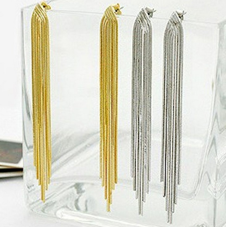 00189-1 Simple Fashion Design Custom Plated Stainless Steel Long Drop Sleek Chain Tassel Hanging Earrings