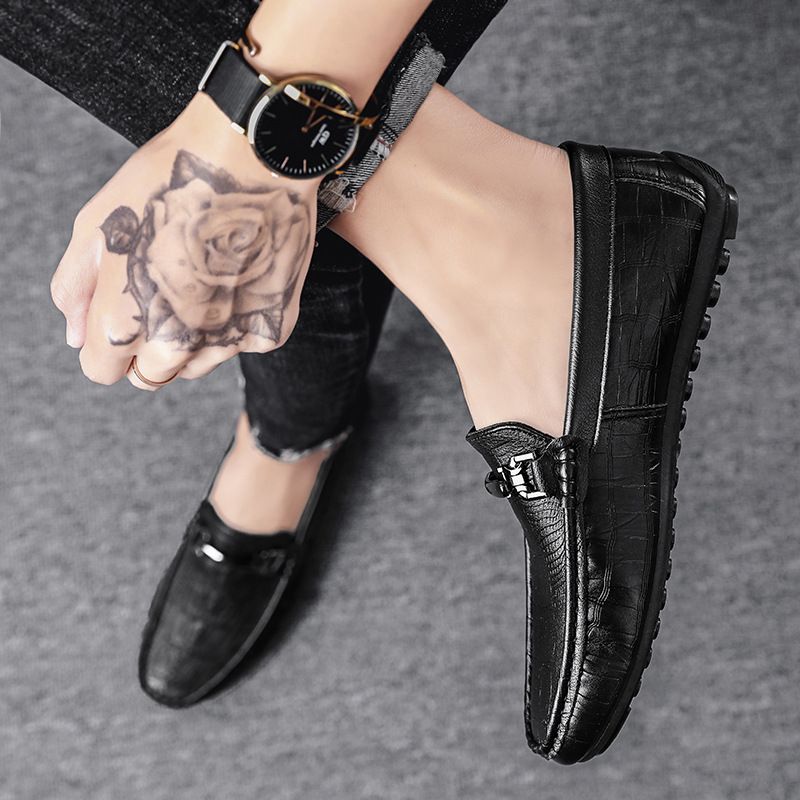 Men's Driving Loafers Black British Style Slip-On Shoes Soft Sole Casual Leather Shoes Bean Sole Breathable Summer Shoes
