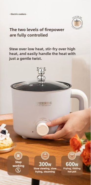 DISI multifunctional electric cooking pot with steamer, two levels of firepower,portable cookware,stew,boil,saute,fry,steam,1.5L