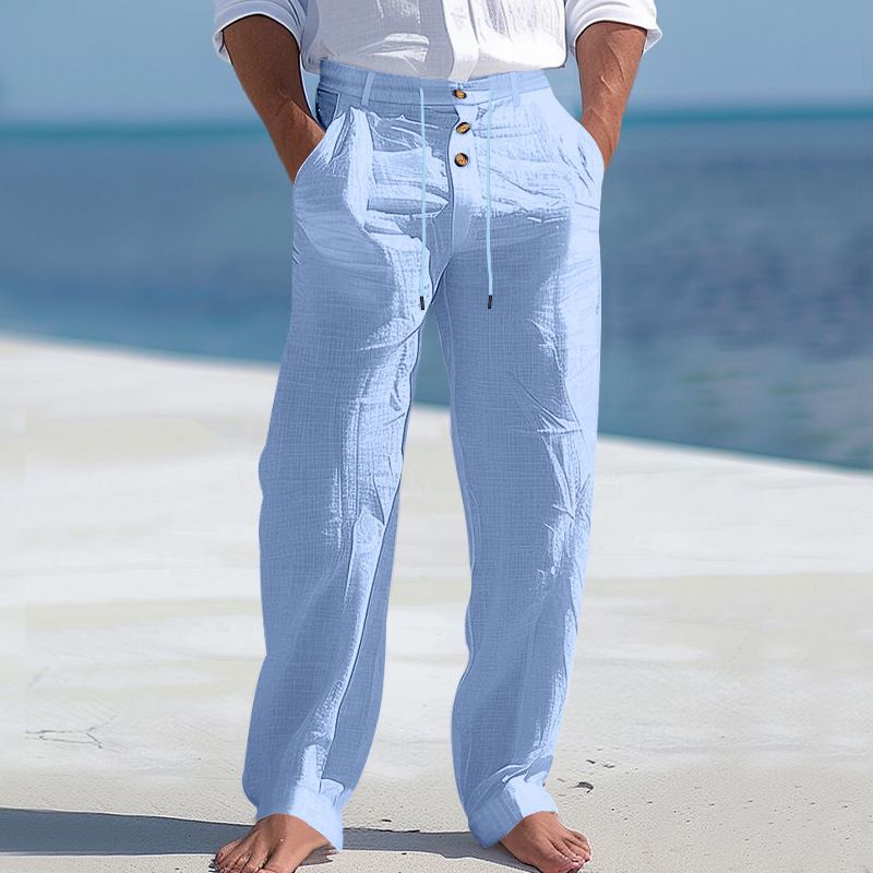 Men's Bottoms Pants Casual American Men's Cotton Linen Pants Button Decoration Drawstring Summer Beach Pants Straight Tube Solid Color Breathable Pants