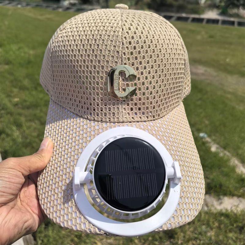 Men's Solar Powered Cooling Fan Baseball Cap, Breathable Mesh Sun Hat with Gold C Letter, Rechargeable Outdoor Sports Cap for Fishing Hiking Work
