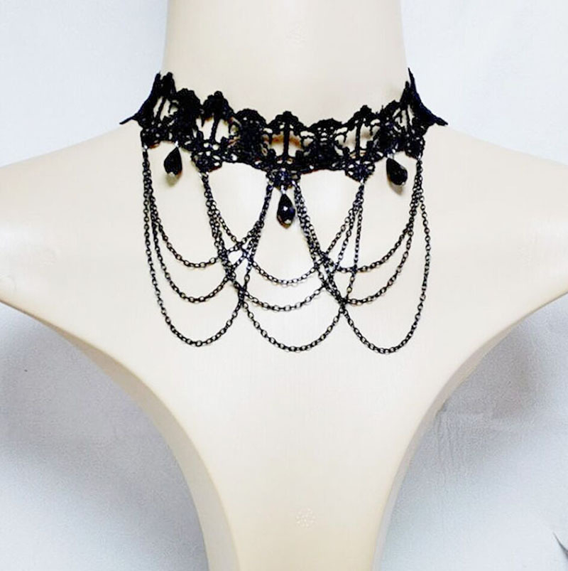 SC63186 Gothic Victorian Black Lace Necklace Women Girl Boho Crystal Tassel Sexy Lace Choker Steampunk Dark Loli Style Halloween Jewelry