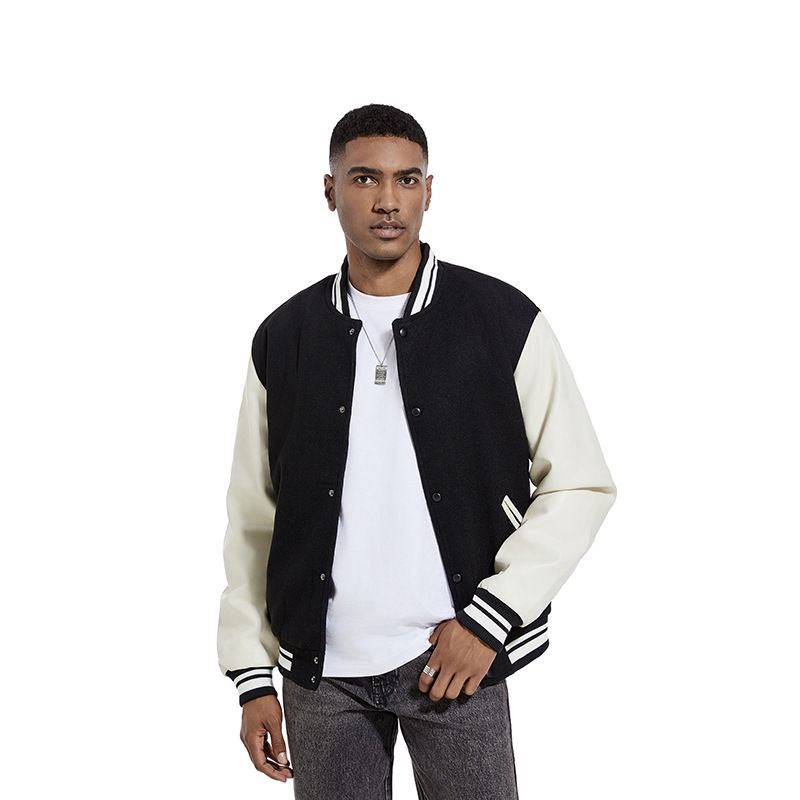 2025 Autumn & Winter New American-Style Baseball Jacket for Men - Wool & PU Sleeve Patchwork Coat, Casual Fashion Cross-Border Men's Outerwear