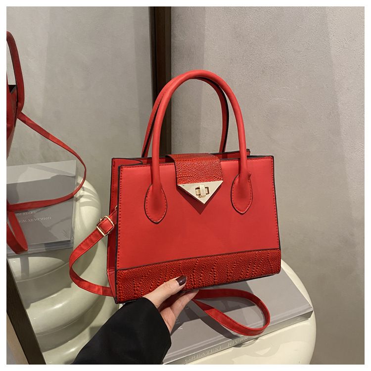 New Fashion Lock Buckle Splicing Women Bag, Large Capacity Minimalist Stylish Shoulder Crossbody And Handheld Square Bag
