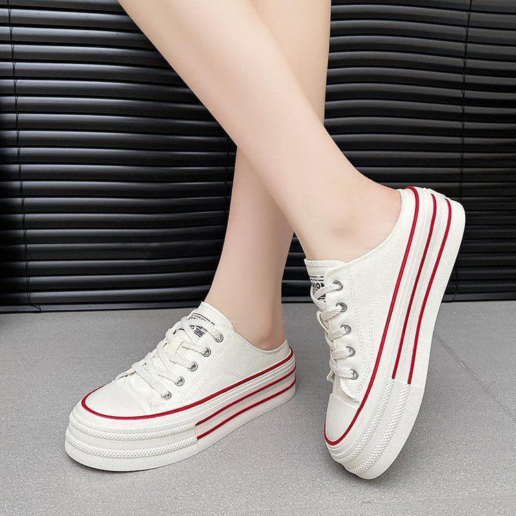 Candy-colored canvas shoes for women 2025 summer new style a single shoe with a full head preppy style thick sole simple half slipper