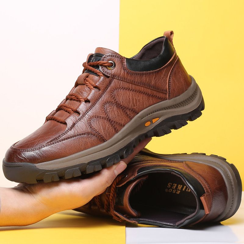 Men's Leather Hiking Shoes, Non-slip Outdoor Trekking Sneakers, Comfortable Lace-up Walking Work Shoes, Brown/Black, EU 39-46