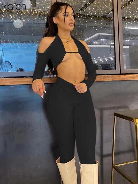 Halter Hollow Out Two Piece Set Women Sexy Solid Off Shoulder Long Sleeve Cleavage Crop Tops+ Skinny Pants Streetwear Suit