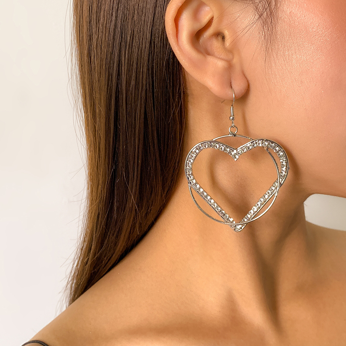 2313 Fashion Jewelry Statement Large Heart Hoop Drop Earrings Rhinestones Decor for Women Girls Gift