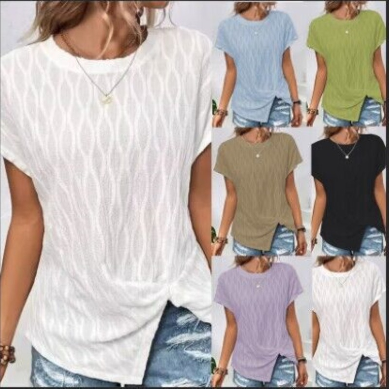 XY000415 Women's Casual Loose Solid Color Crewneck Bat Sleeve T-Shirt