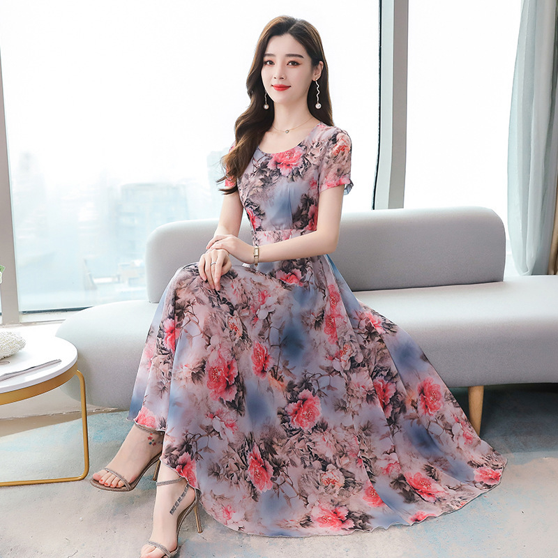 women's print dress, floral chiffon long dress, beach elegant long sleeve V-neck girl dress