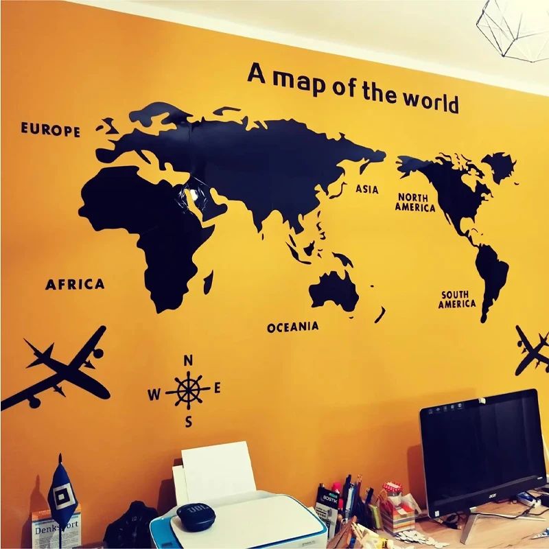 Mirror World Map Acrylic 3D Wall Stickers, Living Room, Bedroom, Office, Home Decor