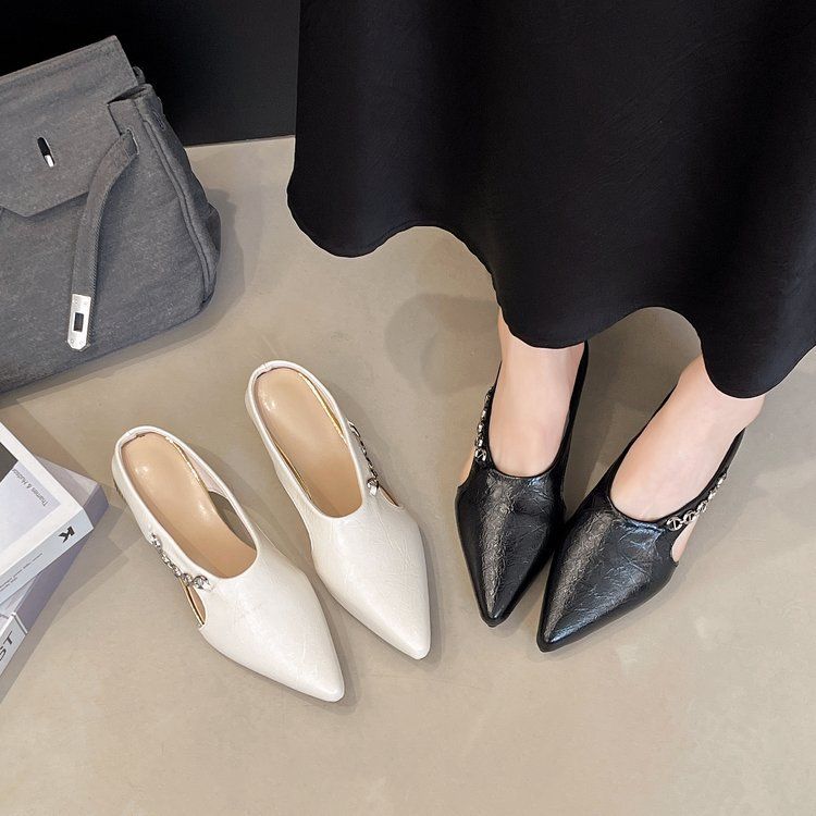High-heeled women 2025 summer new pointy half bag thick heel sandals female bag head low heel shallow mouth all build slippers
