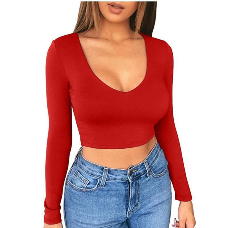 L8005 Women's Solid Color Bottoming Shirt Sexy Short Crop Top Tight Fitting Long Sleeve T-Shirts