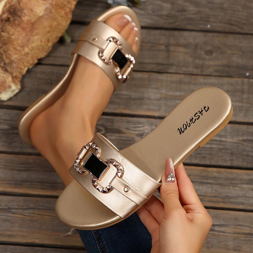 Women's Summer Metal Buckle Round Toe Flat Slide Sandals, Open-Toe Slip-On Casual Slippers with Decorative Buckle, 3 Colors Available, EU Size 36-41