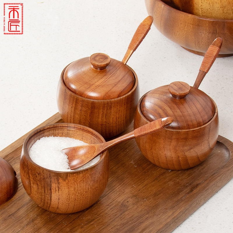 1095 Spice Jar Seasoning Can Sugar Bowl With Lid Spoon Wood kitchen gadgets Salt Storage Box Sugar Pot Kitchen Accessories