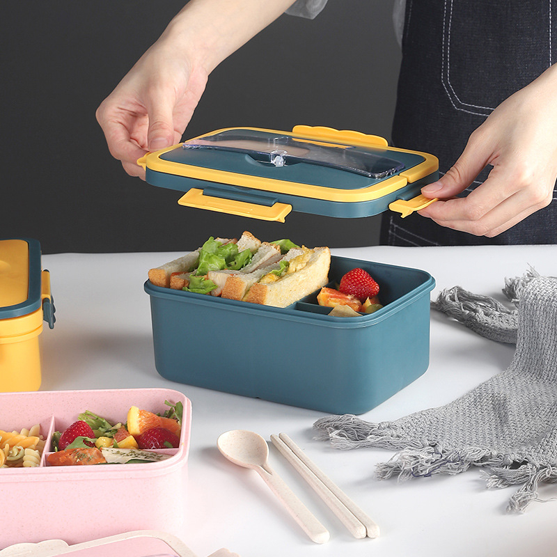 Leakproof Bento Lunch Box with 3 Compartments - 1000ml Wheat Straw Lunch Container for Kids, Square Microwavable Bento Boxes