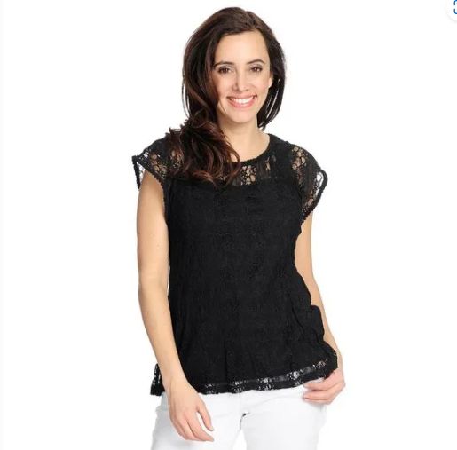 Ladies Lace Cap Sleeve Top - Crochet Trimmed Partially Lined Black Ladies Lace Cap Sleeve Top