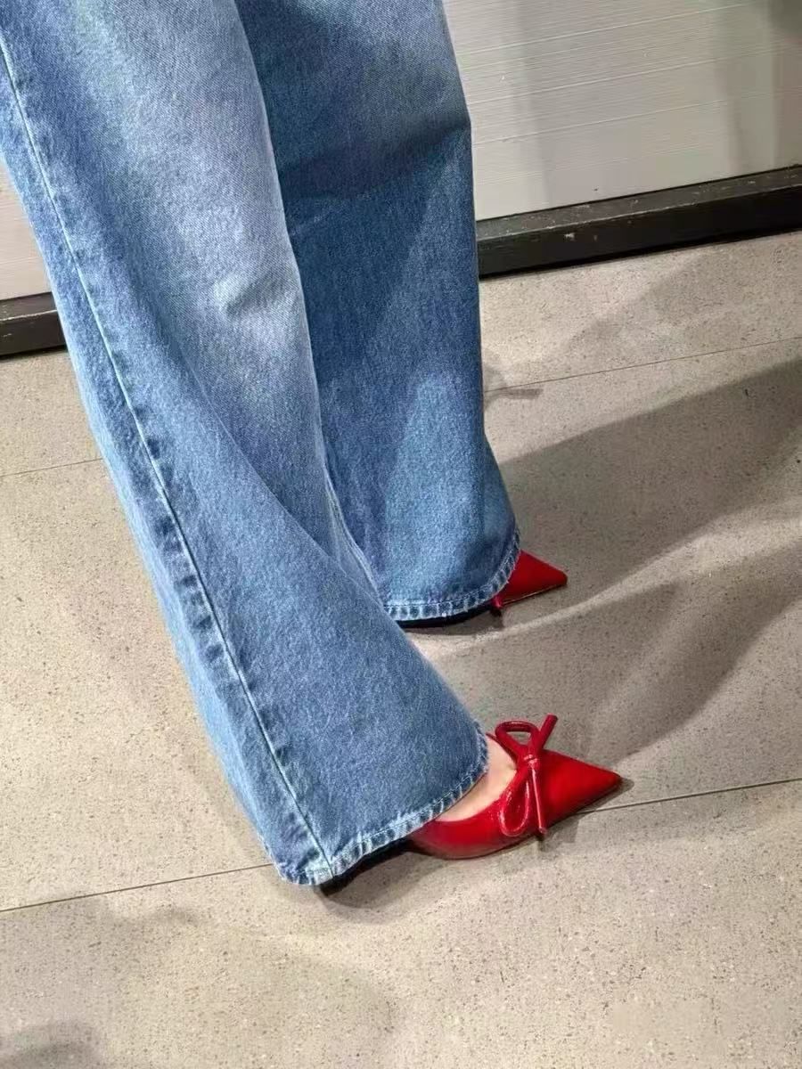 European and American style bow high-heeled pointed-toe sandals for women in summer 2025, red patent leather pointed-toe mules single shoes