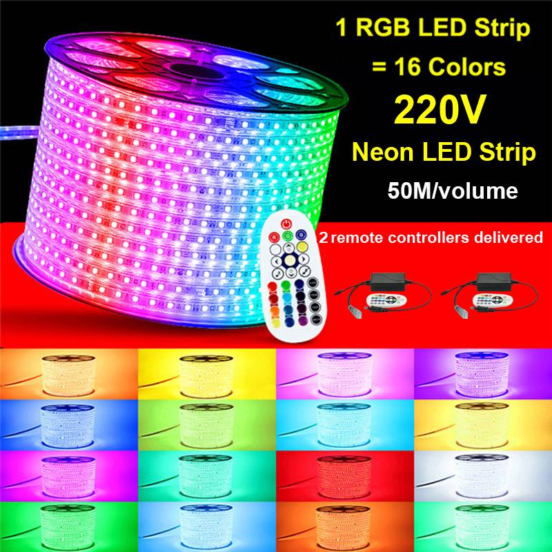 Leopard Cat 50M/volumeFlexible LED RGB Rope Light Strip, Multi Color Changing SMD 5050 LEDs, 220V AC, Dimmable, Waterproof, Indoor / Outdoor Rope Lighting + Remote 