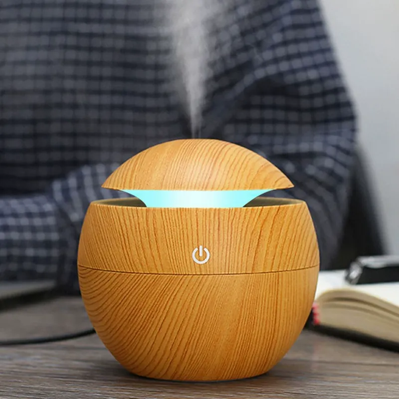 Wood Grain Mushroom Humidifier USB Portable Aroma Diffuser with 7 Color LED Night Light, Cool Mist Humidifier for Home Bedroom Office Car Desktop, Auto Shut-Off Function
