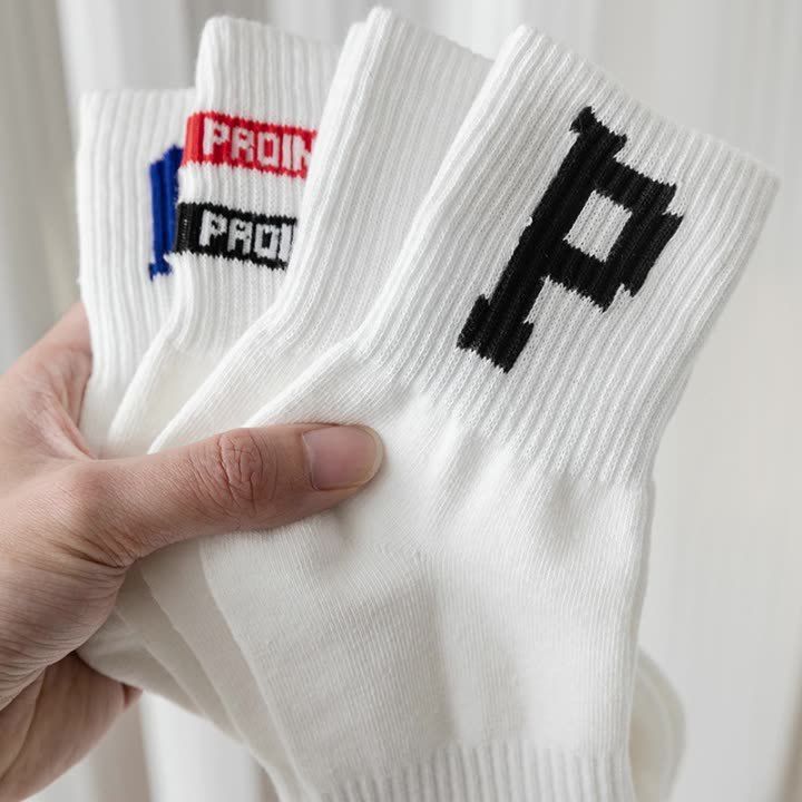 Men's Letter White Sports Socks Medium Length Cotton Socks