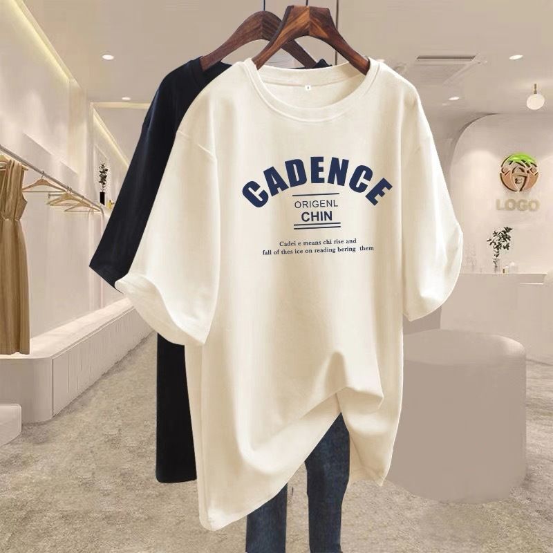 Women's Loose 100% Cotton Mid-Length Short Sleeve T-Shirt, Fashion Minimalist Oversized Top, Ins Trendy Casual Big Size Tee for Daily Streetwear