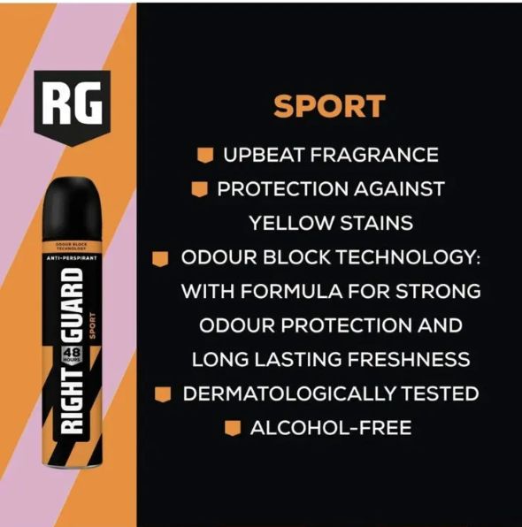  250ml Right Guard Mens Deodorant, Total Defence Sport 48H Anti-Perspirant