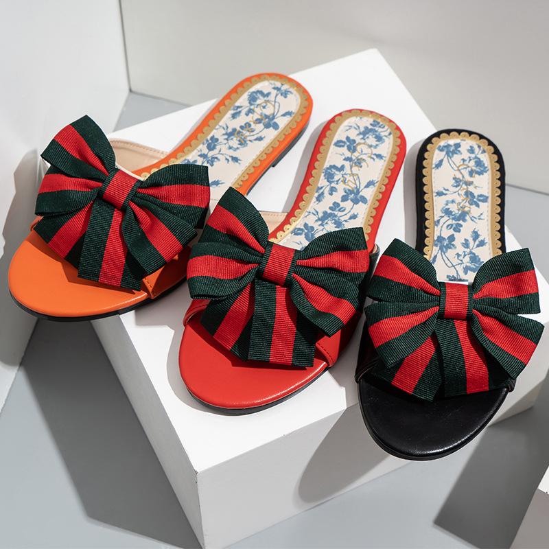 Women's Open Toe Slide Slippers Sandals with Butterfly knot Decor Beach Shoes