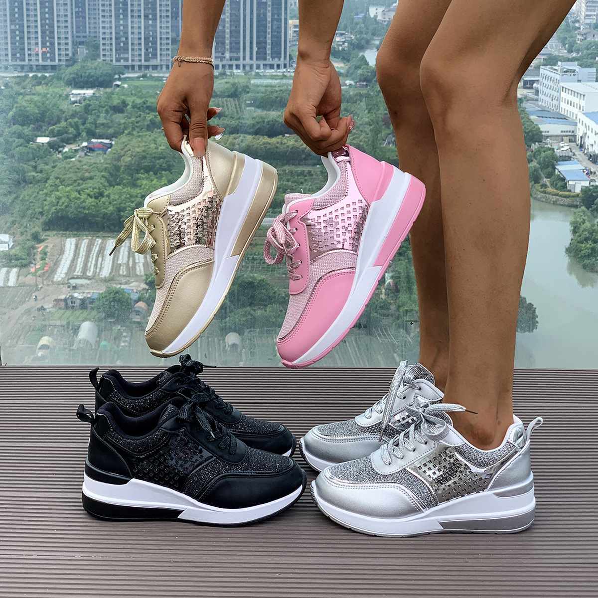 European and American women's wedge heel thick sole sports shoes large size breathable sequin round head lacing spring and autumn new casual sports shoes 82401