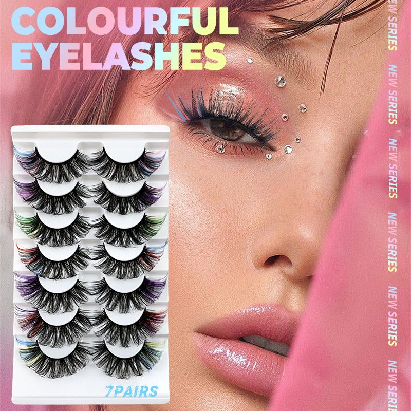 Women's new imitation mink seven color hair D curved European and American eyelashes stage makeup whole eye tail color false eyelashes HN-001