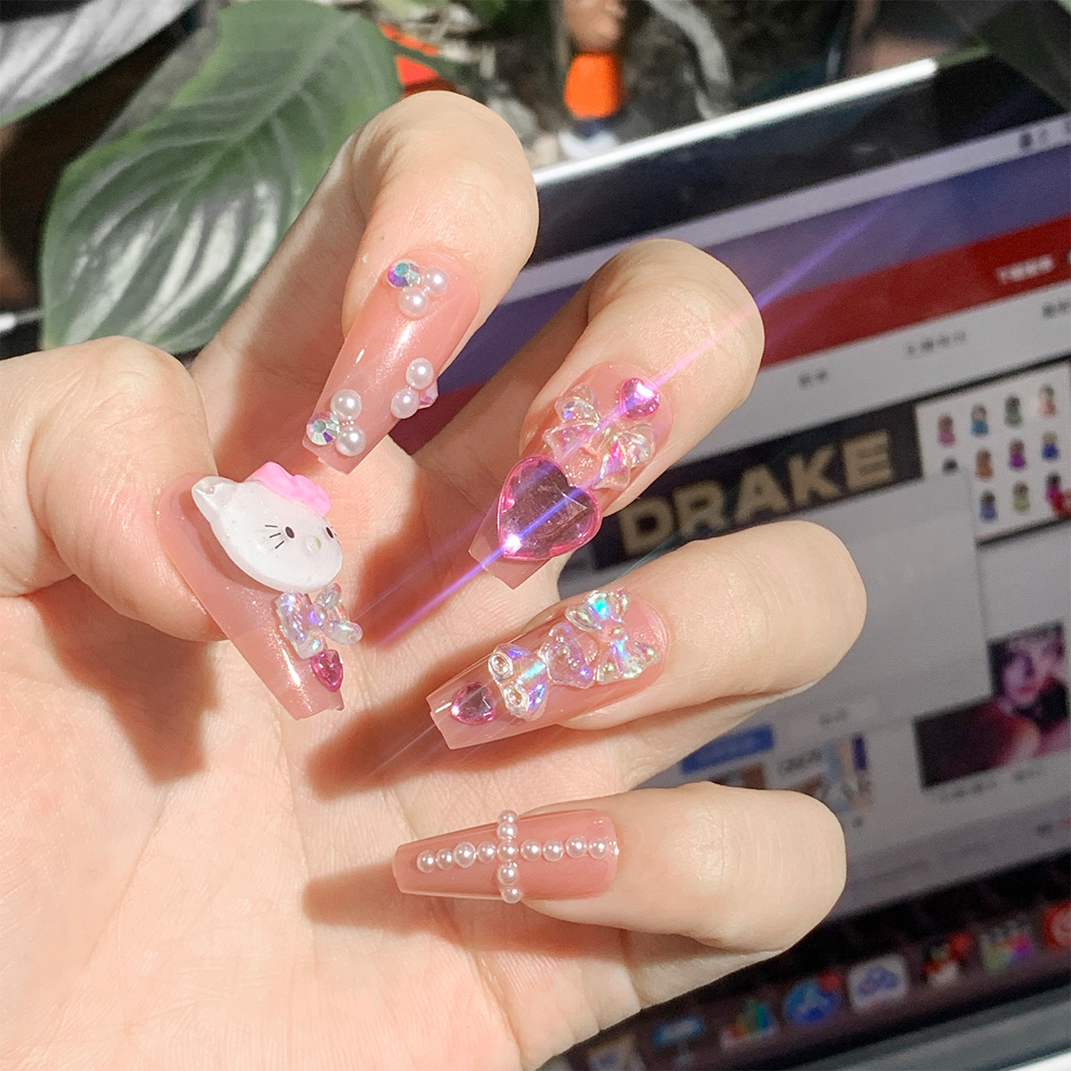JP1359 24 Pcs Glossy Press on Nails, Medium Coffin Cute Kitty Heart Rhinestones Decals Fake Nails, Acrylics Full Cover False Nails for Women and Girls