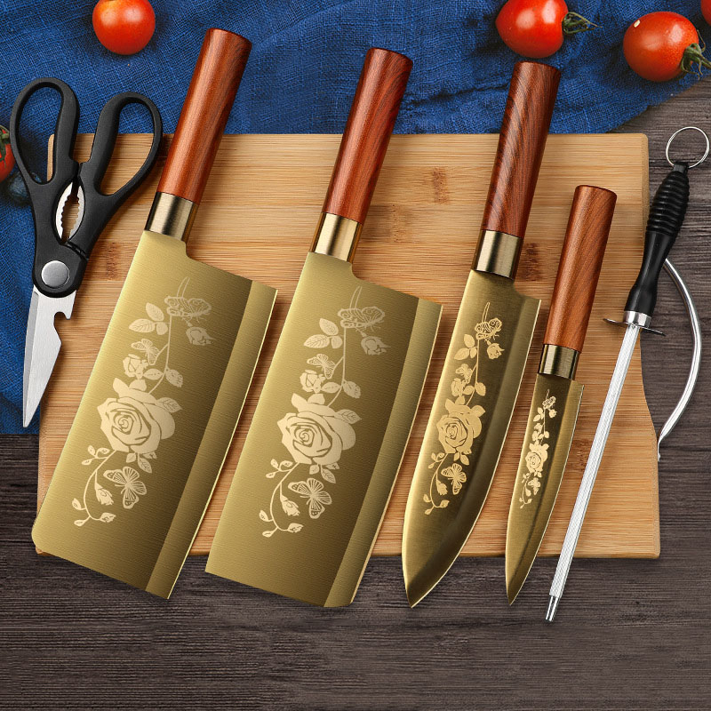 LXTHJ-001 New Style Golden Titanium Plated Kitchen Knives Bone Butcher Cleaver Chef Silcing Knives Fruit Meat Cutters Kitchen Accessories