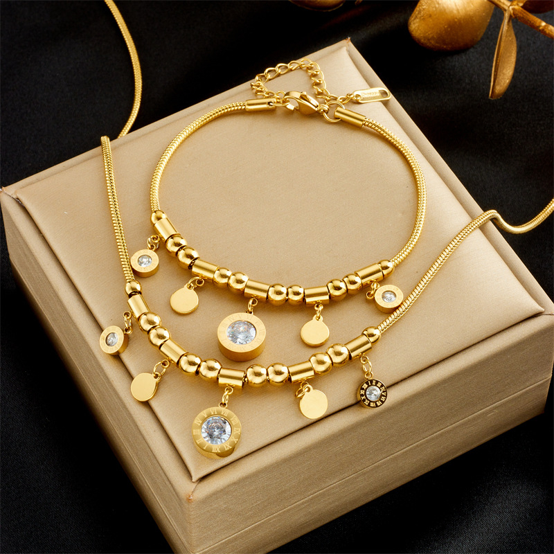N1821 Stainless Steel Round Zircon Multiple Roman Numerals Pendant Necklace Bracelet Earrings Elegant Jewelry For Women