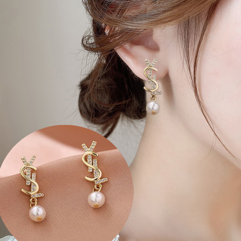 Fashion S Letter Pearl Earrings Zircon Long Earrings for Women silver 925 Needle Temperament Wedding Party Jewelry Gifts