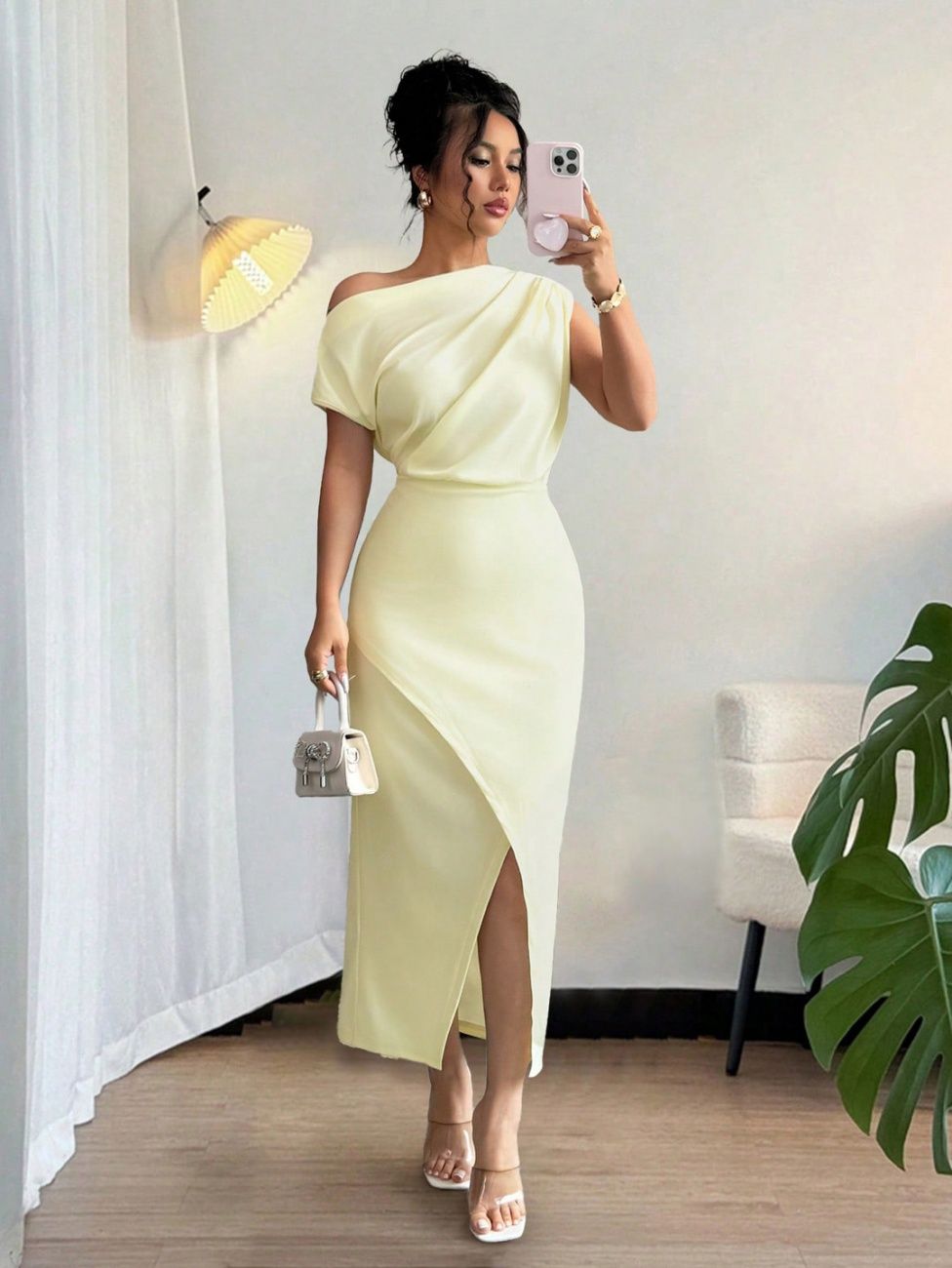 2026 Summer New Off Shoulder Twist Dress Women Elegant Solid Color Slim Waist Split Midi Party Evening Dress